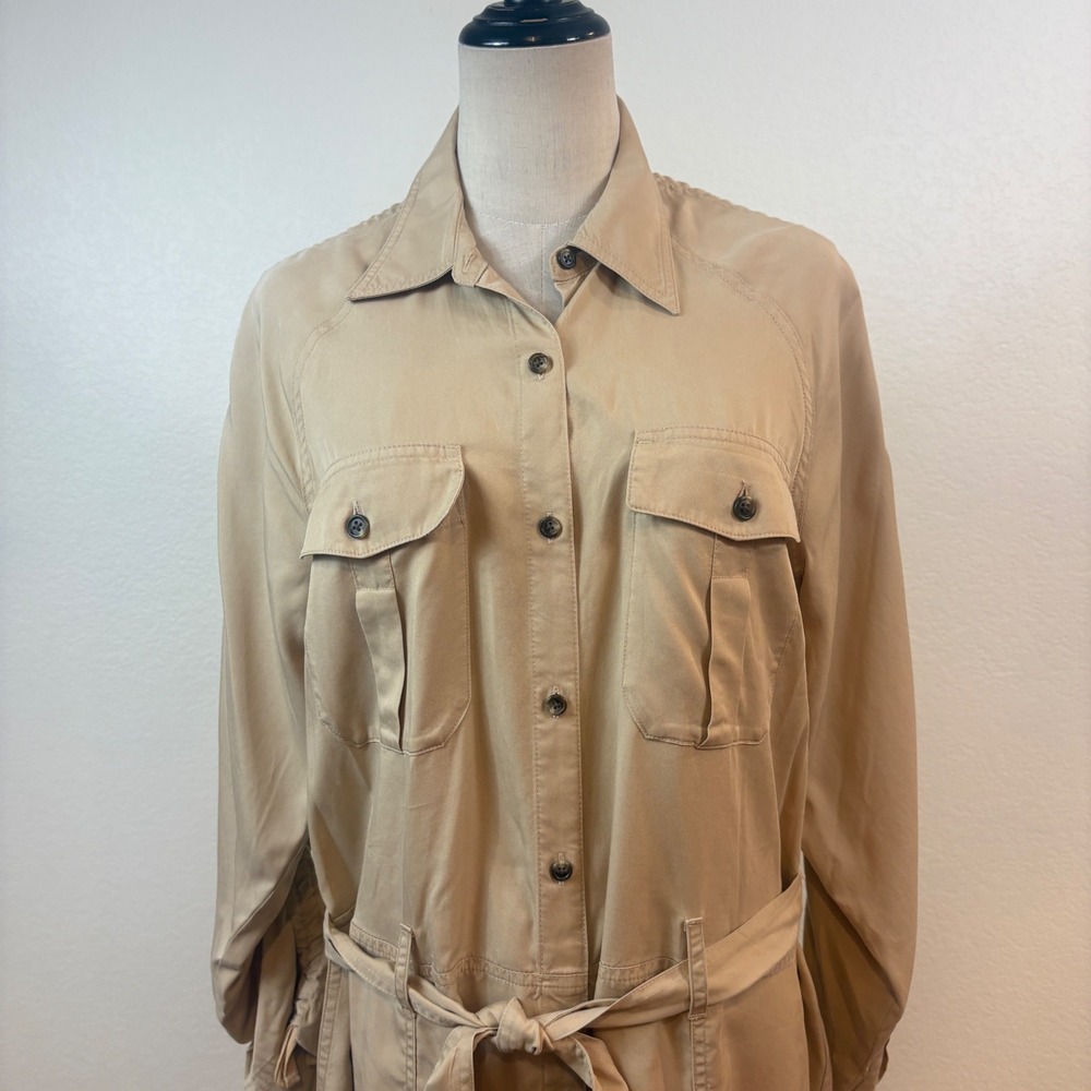 Lauren Ralph Lauren Shirt Dress Womens 12 Tan NWOT Ruched Sleeve Utility Safari - Picture 3 of 9